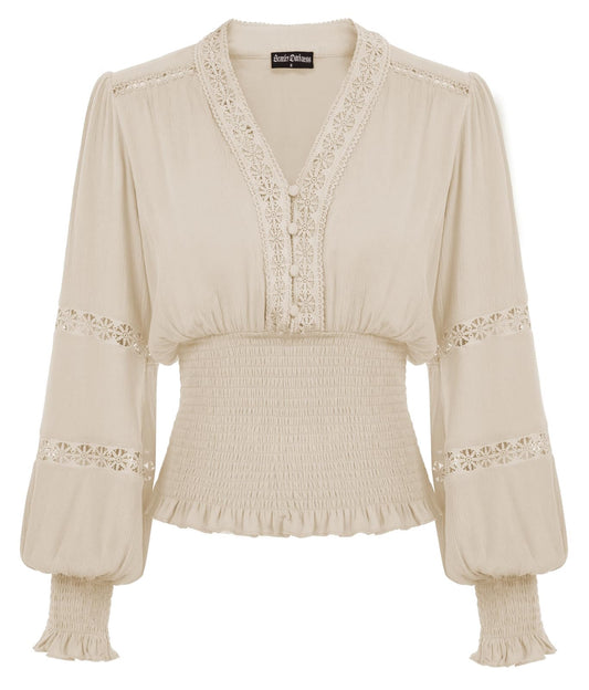 Women's Renaissance Peasant Blouse Smocked Waist Boho Shirts Pirate Tops Beige Medium