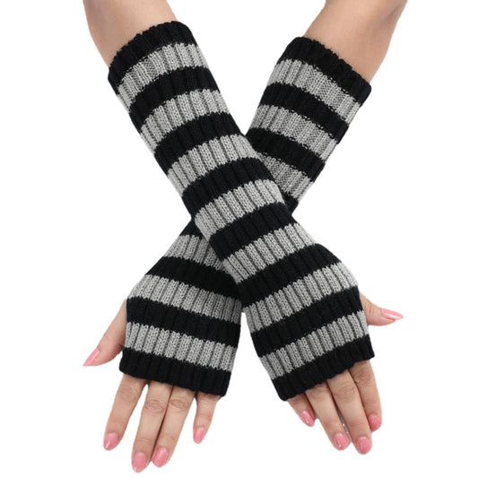 Y2k Striped Arm Warmers Long Fingerless Knitted Gloves Punk Gothic Alt Emo Scene Cool Winter Arm Sleeves Grunge Accessories (Gray,One Size)