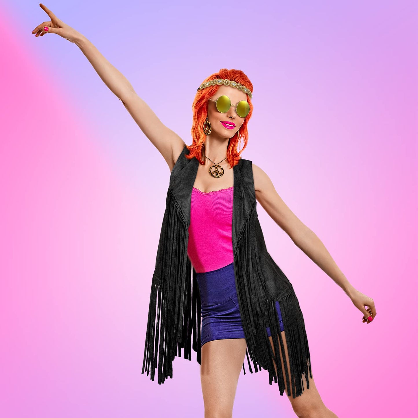 6 Pcs 60s 70s Outfits for Women Hippie Costume Set Peace Sign Earring Headband Fringe Vest Tassel Cardigan (Black,X-Large)