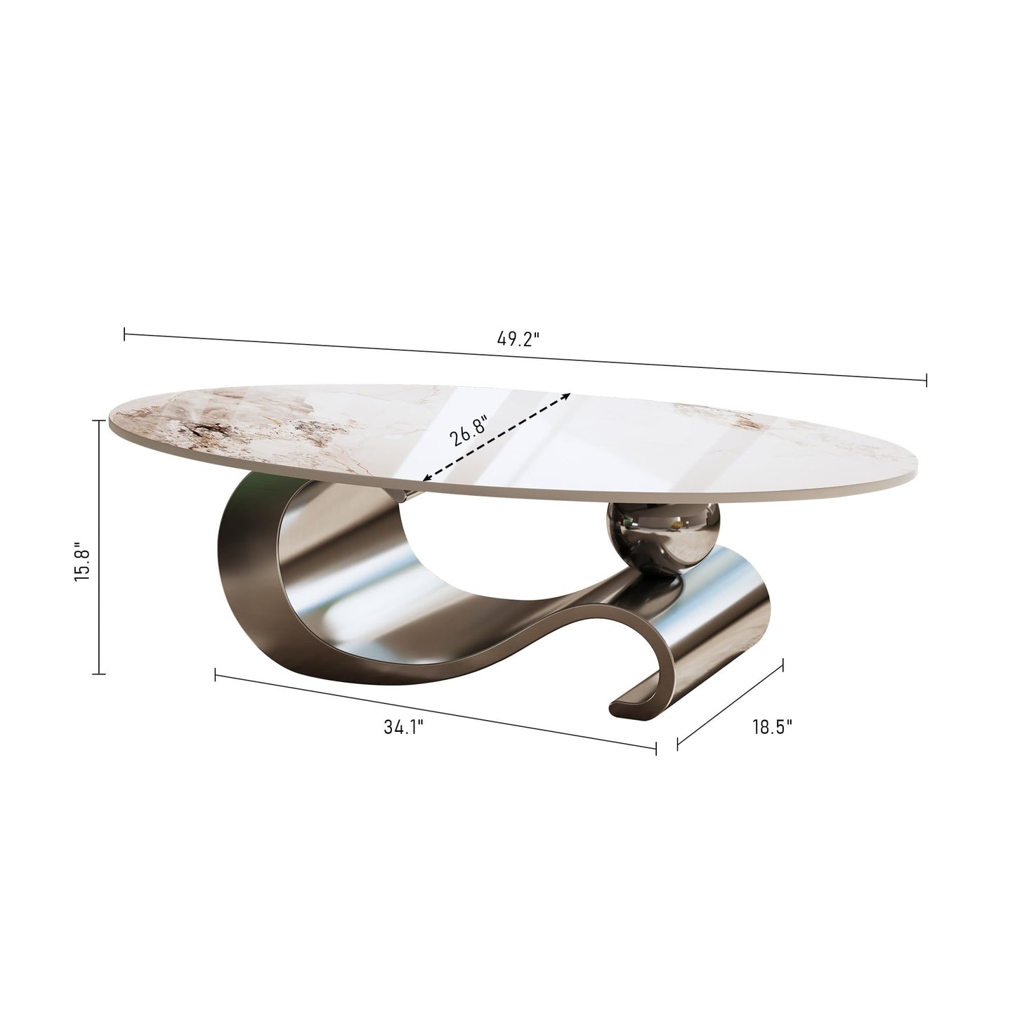 49.2" Oval Coffee Table Modern White Faux Marble Coffee Tables for Living Room Luxury Center Table Accent Cocktail Tea Table with Silver Geometric Stainless Steel Base for Home Office