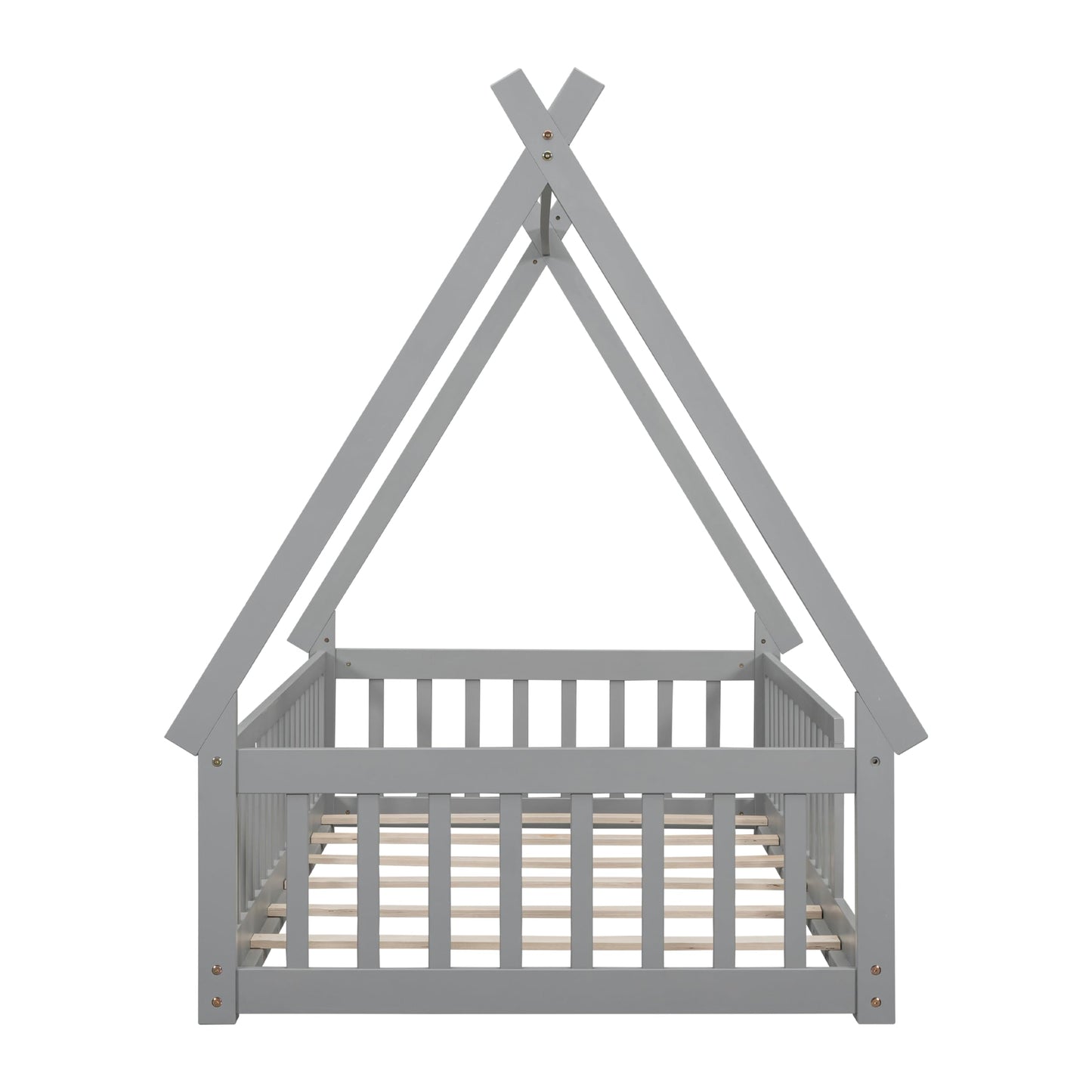 Wekuku Twin Tent Shaped Floor Bed for Kids – Teepee with Guardrails Slats, Grey – Low Profile Bed Frame for Bedroom, Playroom, Nursery
