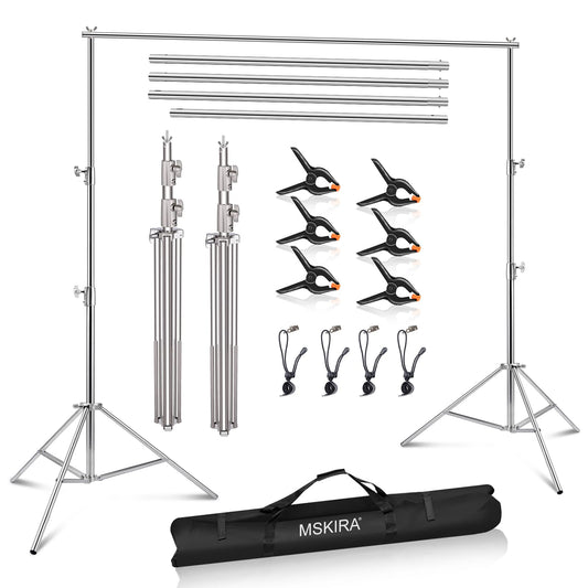 9.2 x 10 Ft Stainless Steel Backdrop Stand Heavy Duty, MSKIRA Adjustable Backdrop Stand Background Support System Kit for Photography, Parties, or Weddings with Clamps, Carry Bag