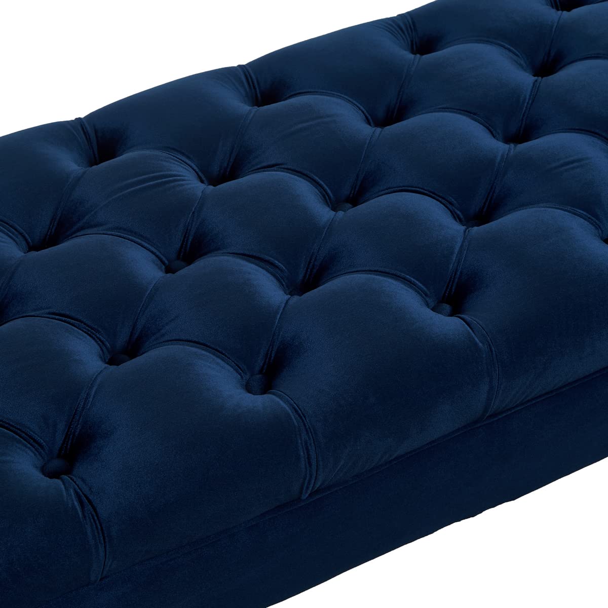 24KF Navy Blue Velvet Long Bench for Bedroom & Entryway - Tufted Button, 1.5 ft-Deep