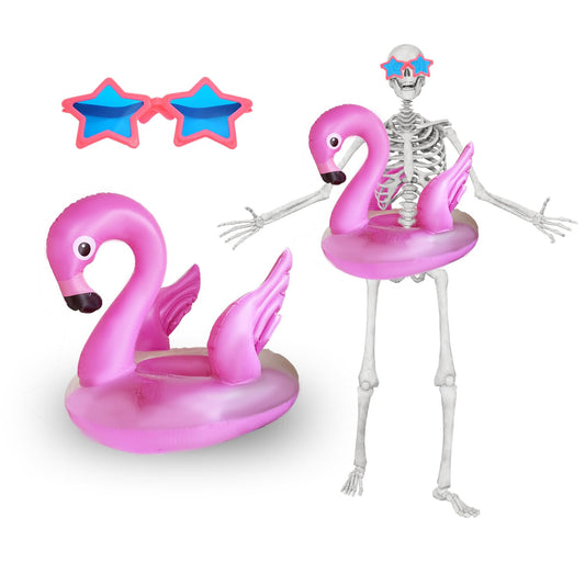 2Pcs 12ft Skeleton Summer Accessories Kit with Flamingo Pool Float and Sunglasses Outdoor Giant Skelly Decor for 12 Foot Skeleton Garden Lawn Summer Party Decorations