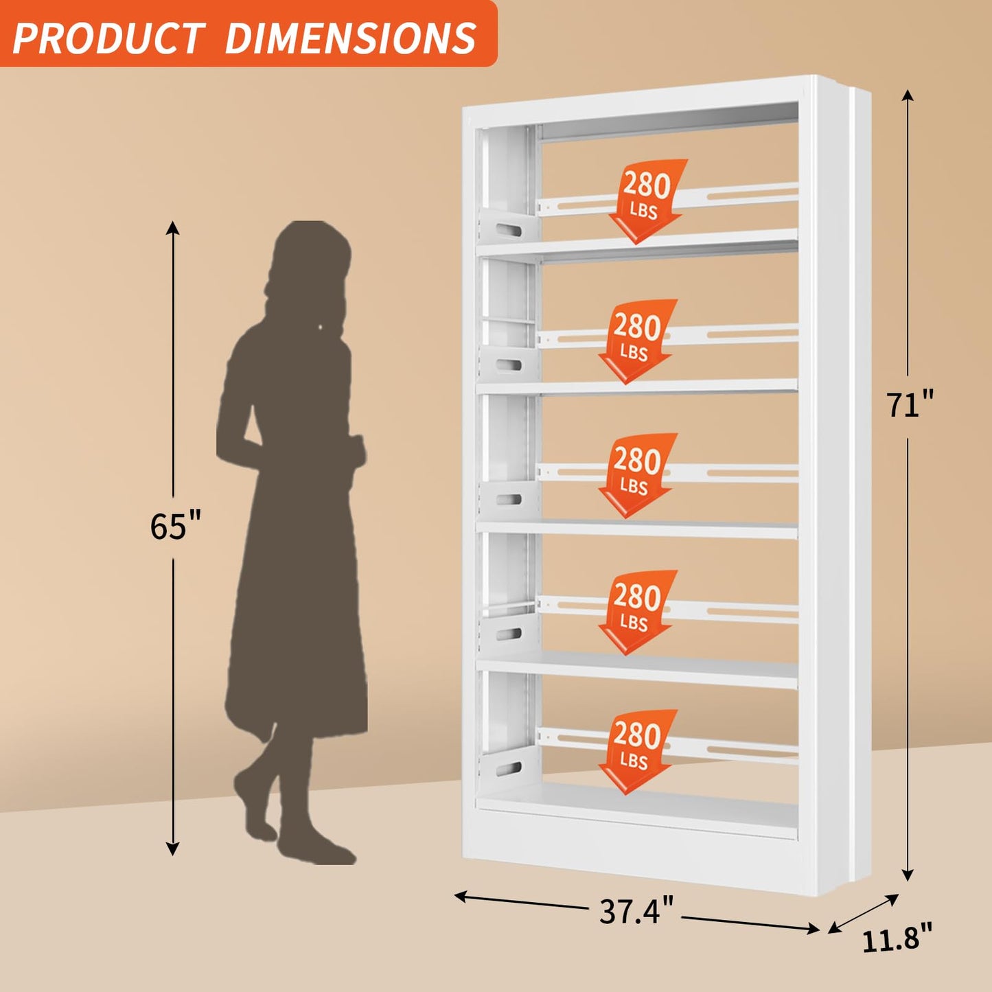 71” Tall White Metal Bookshelf, 5 Tier Bookcase with Adjustable Storage Shelves, Heavy Duty Book Shelf with Bookends, Freestanding Open Large Book Case for Living Room, Study, Library, Office