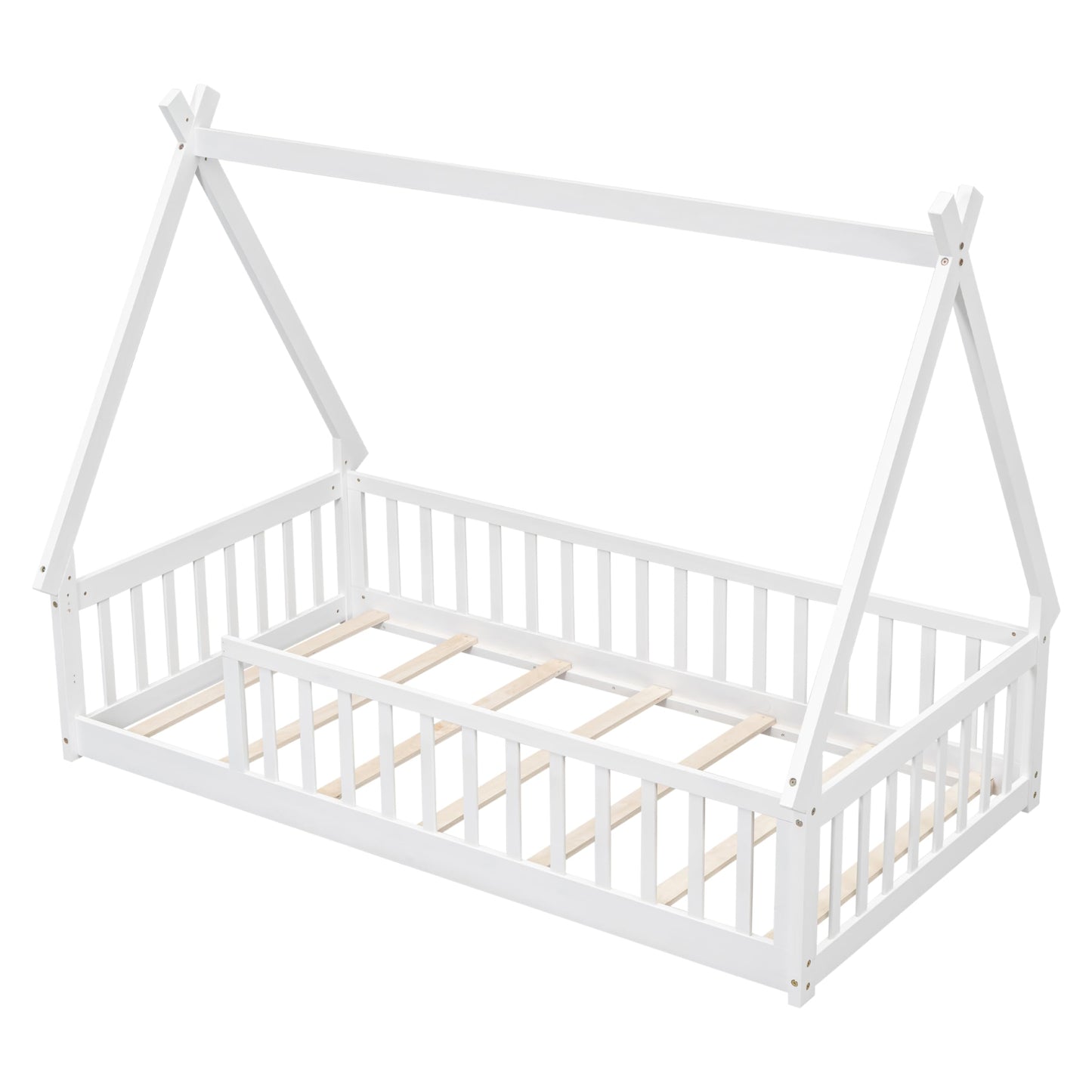Wekuku Twin Tent Shaped Floor Bed for Kids – Teepee with Guardrails Slats, White Wooden Playhouse Bed for Bedroom, Montessori Inspired Design