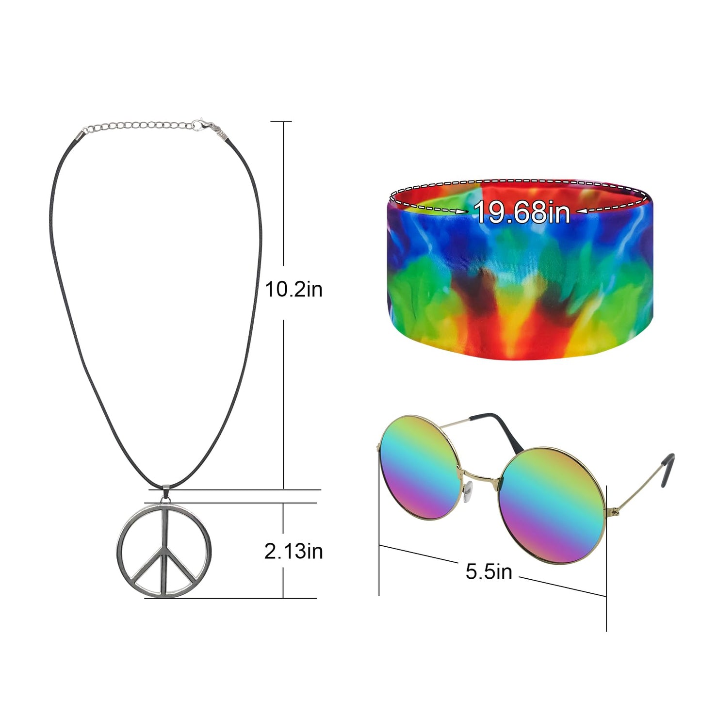 XonyiCos Hippie Costume for Men Women 60s and 70s Colorful Tie-Dyed Shirt Sunglasses Headband Peace Necklace 4-Piece Theme Party (Tie-dye 4 Piece Set, X-Large)