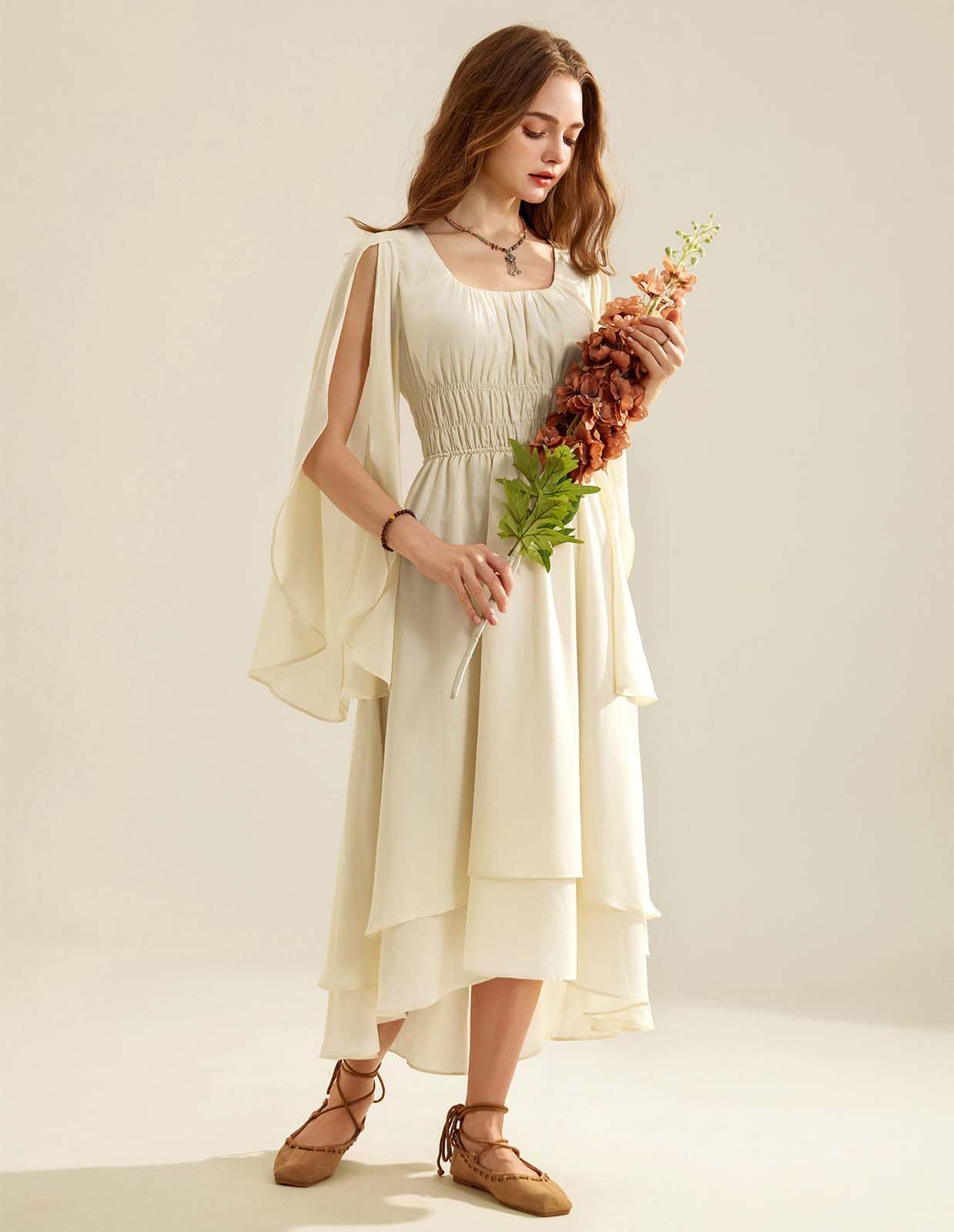 Women Renaissance Costume Split Bell Sleeve Double Layered High Low Dress Apricot S