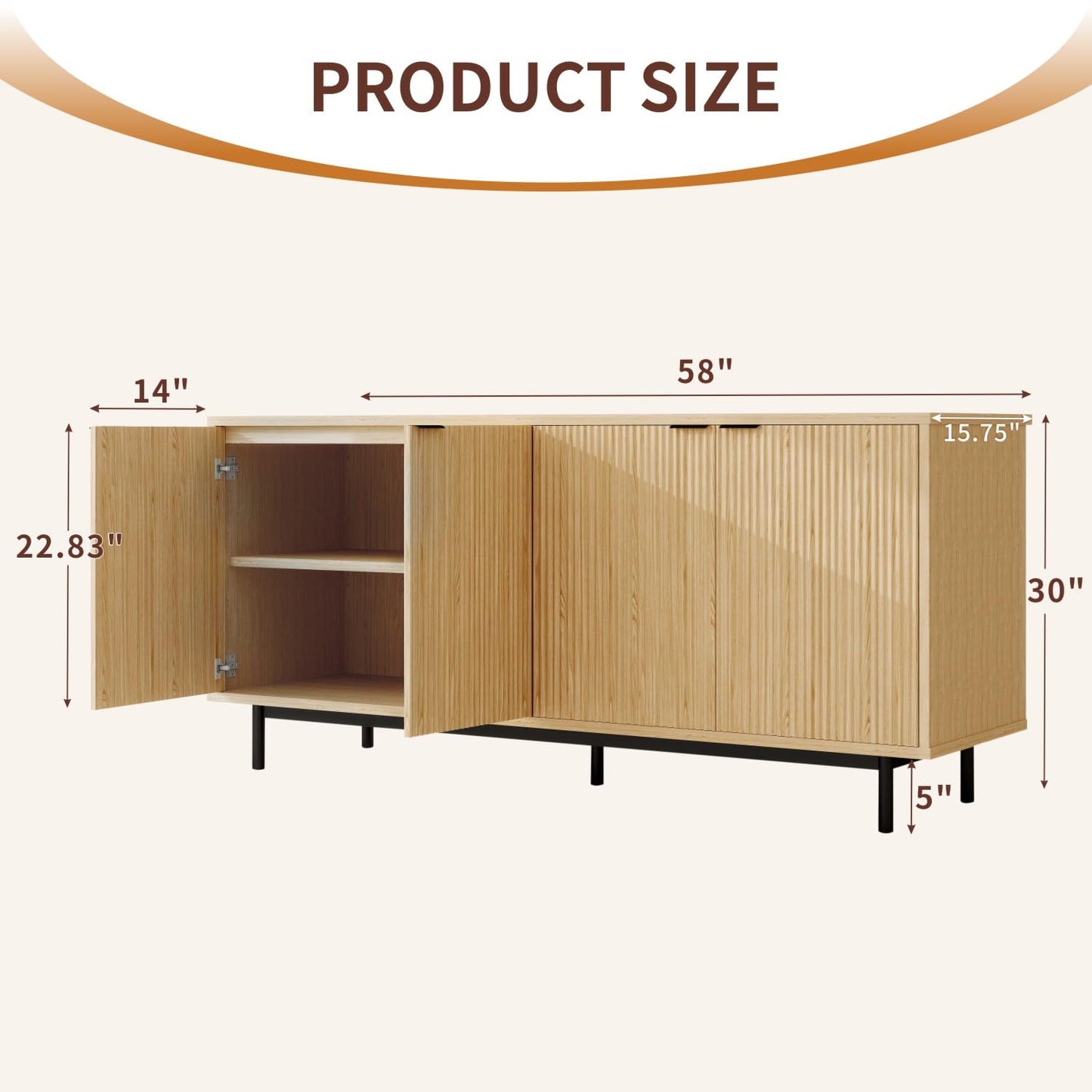 58" Modern Fluted Sideboard Buffet Cabinet in Natural Oak, Accent Storage Console with Adjustable Shelves for Dining Room, Living Room