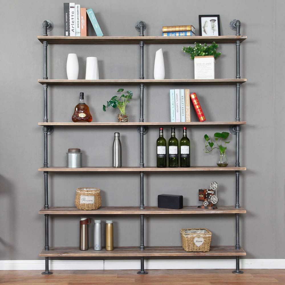 WGX Design For You Industrial 6-Tiers Modern Ladder Shelf Bookcase,Solid Wood Storage Shelf,Display Shelving, Wall Mounted Wood Shelves, Pipe Wood Shelves Bookshelf Vintage Wrought Iron Finish (Gray)