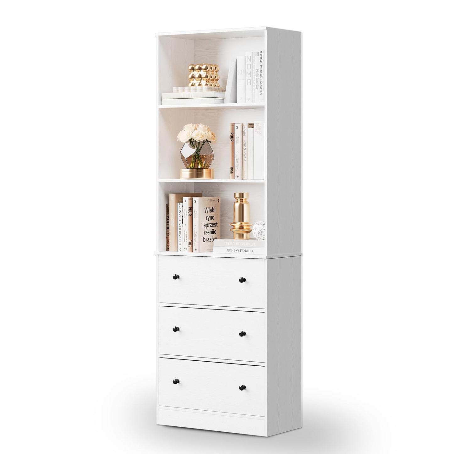 White Bookshelf with Storage, 71" Tall Bookcase with Drawers, Wooden Bookshelf Display Cabinet with 3 Drawers and 3-Tier Shelves, Home Decor Furniture for Living Room, Bedroom, Kitchen, Home Office