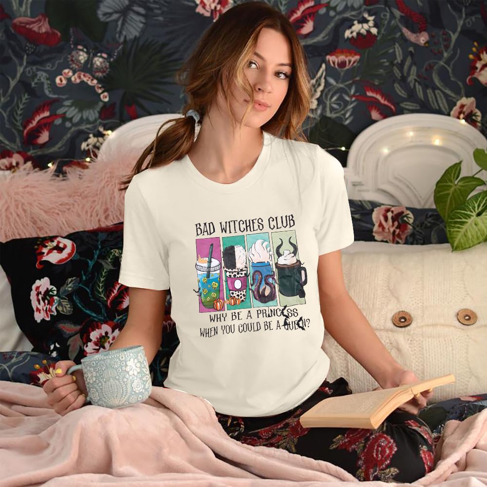 Women Bad Witches Club Shirts Villains Shirt Halloween Witches T-Shirt Evil Queen Casual Short Sleeve Tee Beige