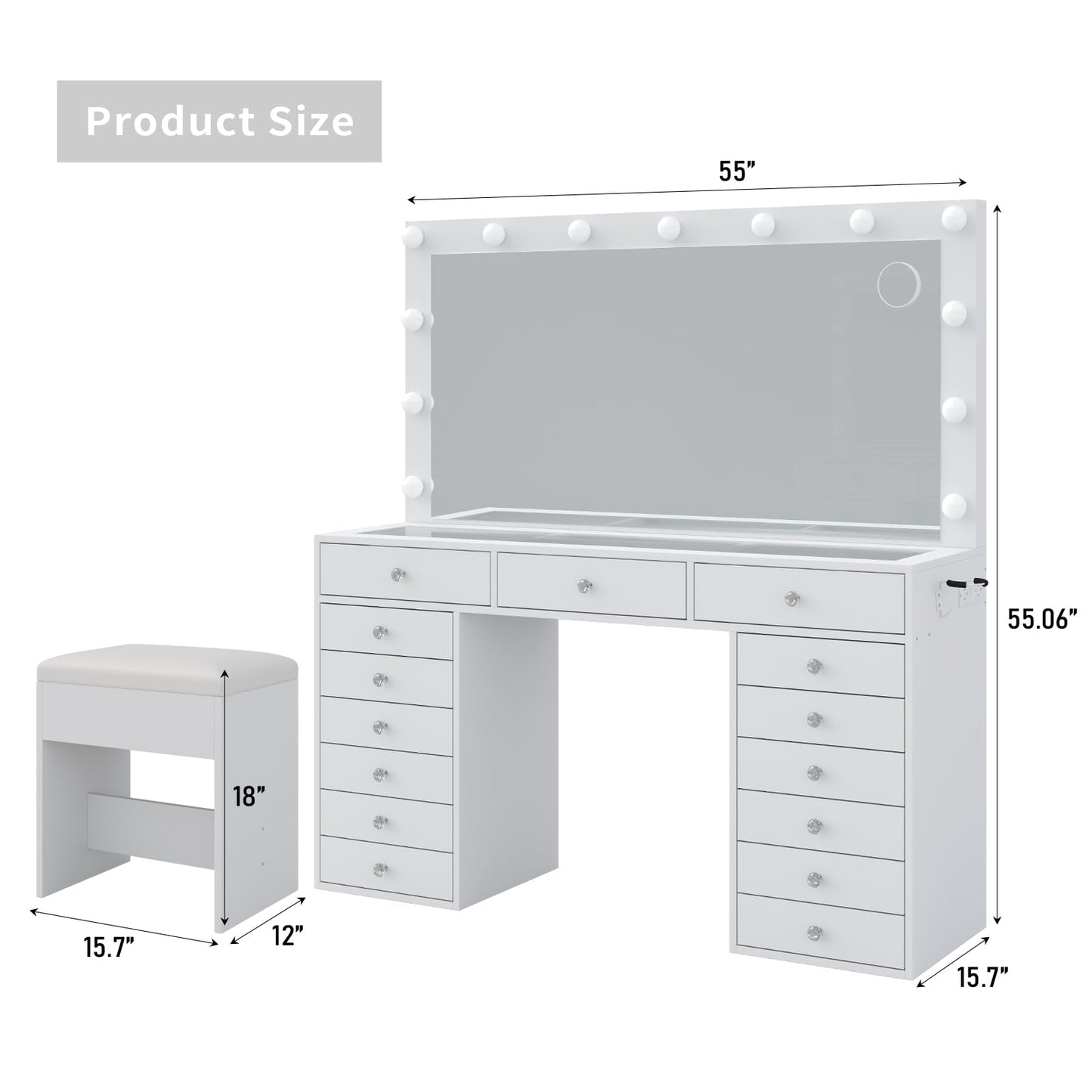 Yanosaku 55" W Vanity Desk, Makeup Vanity with Charging Station, 15 Drawers with Lighted Mirror, 3 Lighting Modes, Brightness Adjustable, Glass Top, Vanity Table with Chair for Bedroom, White