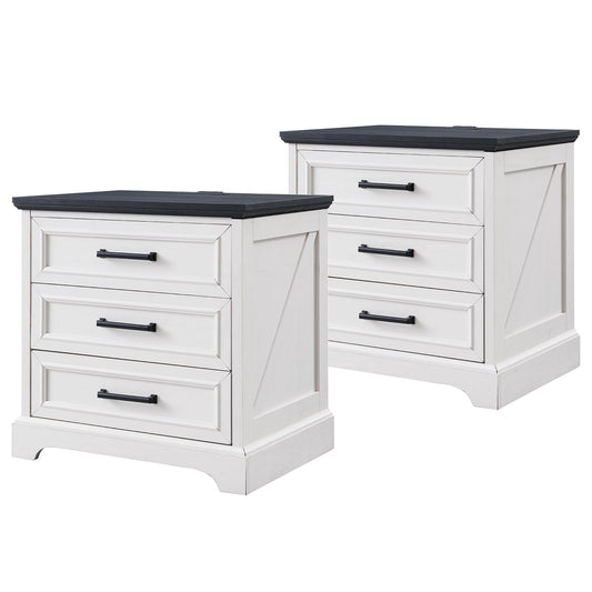 ACCOHOHO Farmhouse Nightstands Set of 2, 22 Inch Wide End Table with Charging Station & 3 Large Drawers, Rustic Wood Small Dresser Chest of Drawers for Bedroom, Living Room, Off White