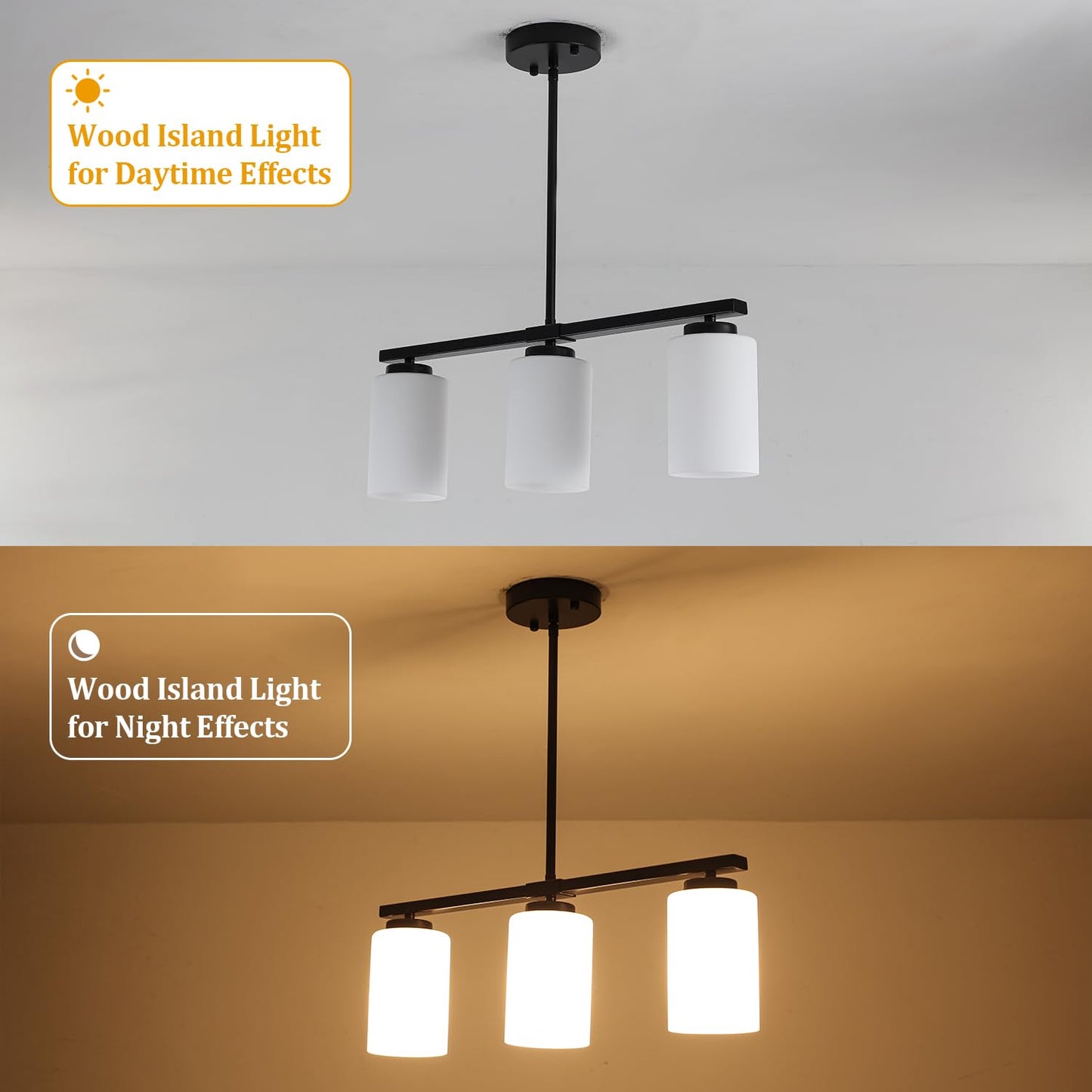 21.25'' Kitchen Island Light Fixtures, 3-Light Modern Dining Room Light Fixture, Black Pendant Lights with Milk Glass Shade, Linear Chandelier over Dining Table Lighting with Adjustable Rod, UL Listed