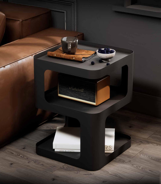 XIV Side Table, Small End Table, Modern Nightstand, Accent Bedside Table, 3 Tier Night Stands, Metal Bed Side Table for Living Room Bedroom Outdoor Entryway, No Assembly Required (Black, Square)