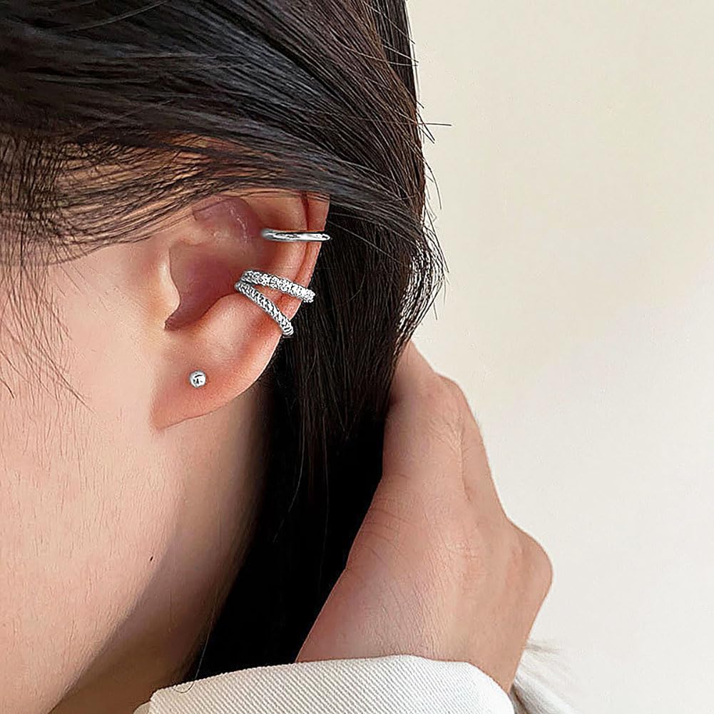 3PCS Ear Cuff Silver Cuffs Earrings for Women Teen Trendy Non Piercing Hypoallergenic Cubic Zirconia Earrings Set Jewelry Gifts - Silver