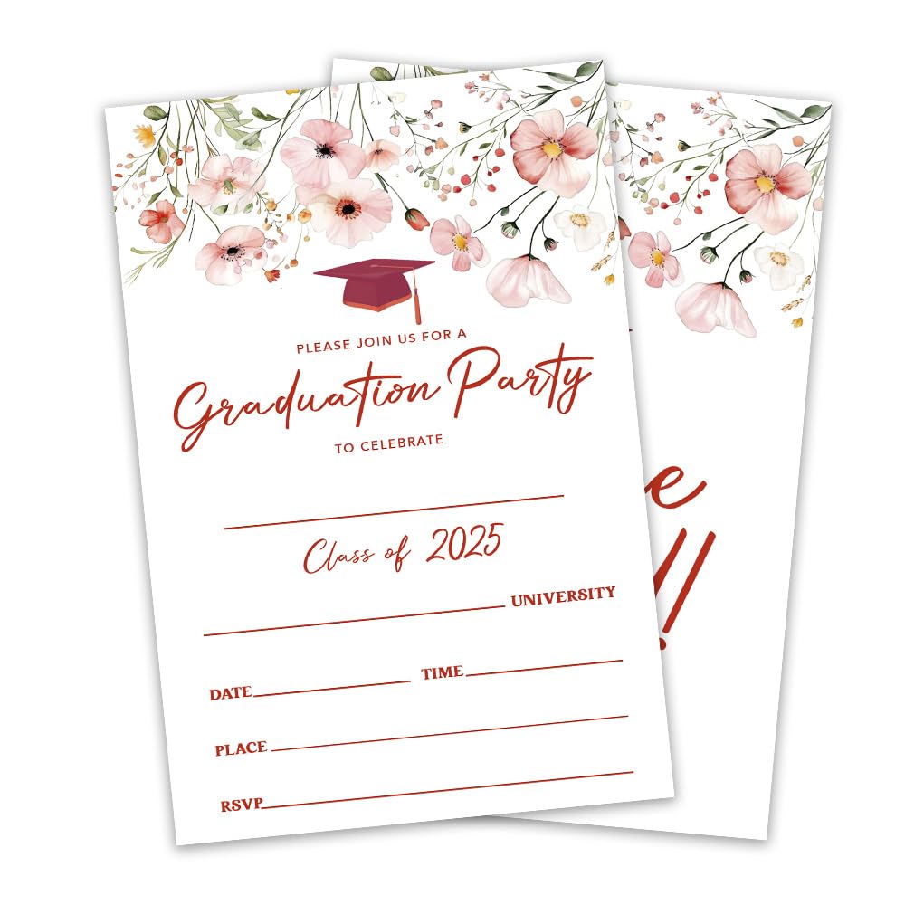 4"x6" Graduation Invitation - 20pcs Invites Card With Envelope - University, Master Graduation Fill-in Style Invitation Card - 2025 Floral Girls Graduation Party Invite Celebration Supplies - A06
