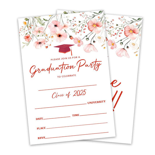 4"x6" Graduation Invitation - 20pcs Invites Card With Envelope - University, Master Graduation Fill-in Style Invitation Card - 2025 Floral Girls Graduation Party Invite Celebration Supplies - A06