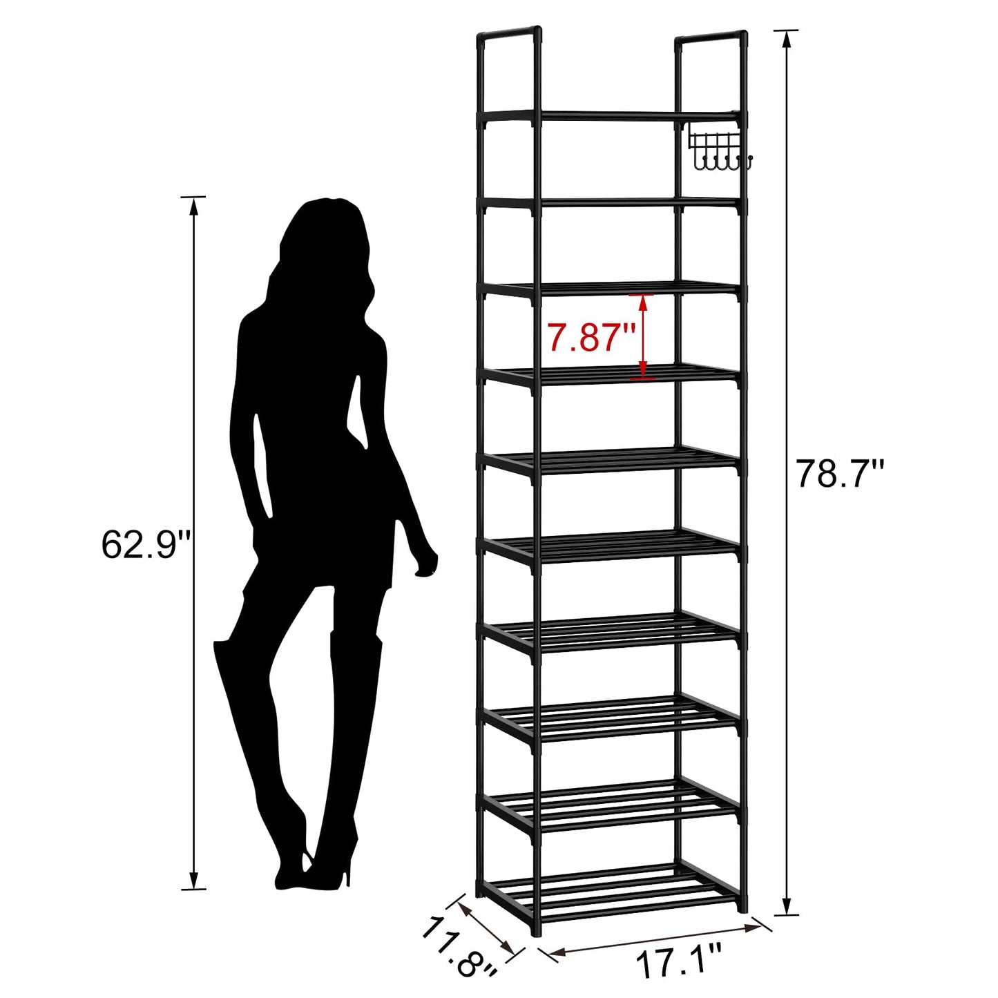 WEXCISE Narrow Shoe Rack 10 Tiers Tall Shoe Rack for Entryway 20 24 Pairs Shoe & Boots Organizer Storage Shelf Durable Black Metal Stackable Shoe Cabinet with Hooks, 17.1D x 11.8W x 78.7H in