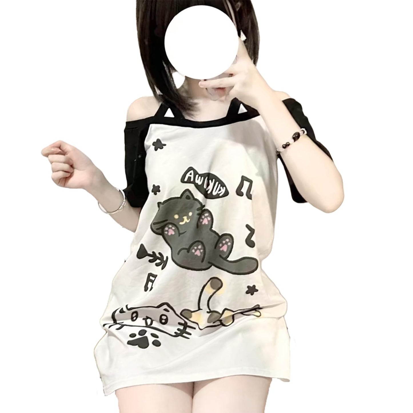 Y2k Kawaii Shirts for Women Cartoon Graphic Tees Off Shoulder Cutecore Shirts Harajuku Fashion Gothic Tops (Black,Small)