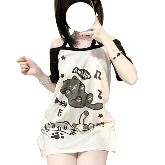 Y2k Kawaii Shirts for Women Cartoon Graphic Tees Off Shoulder Cutecore Shirts Harajuku Fashion Gothic Tops (Black,Small)