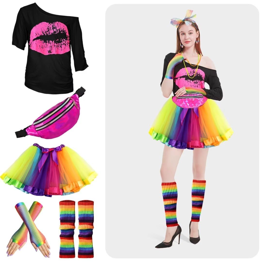 WILDPARTY 80s Costume Accessories for Women, T-Shirt Tutu Fanny Pack Headband Earring Necklace Fishnet Gloves Legwarmers 80s Party Outfit for Women 24PCS (Multicolour-M)