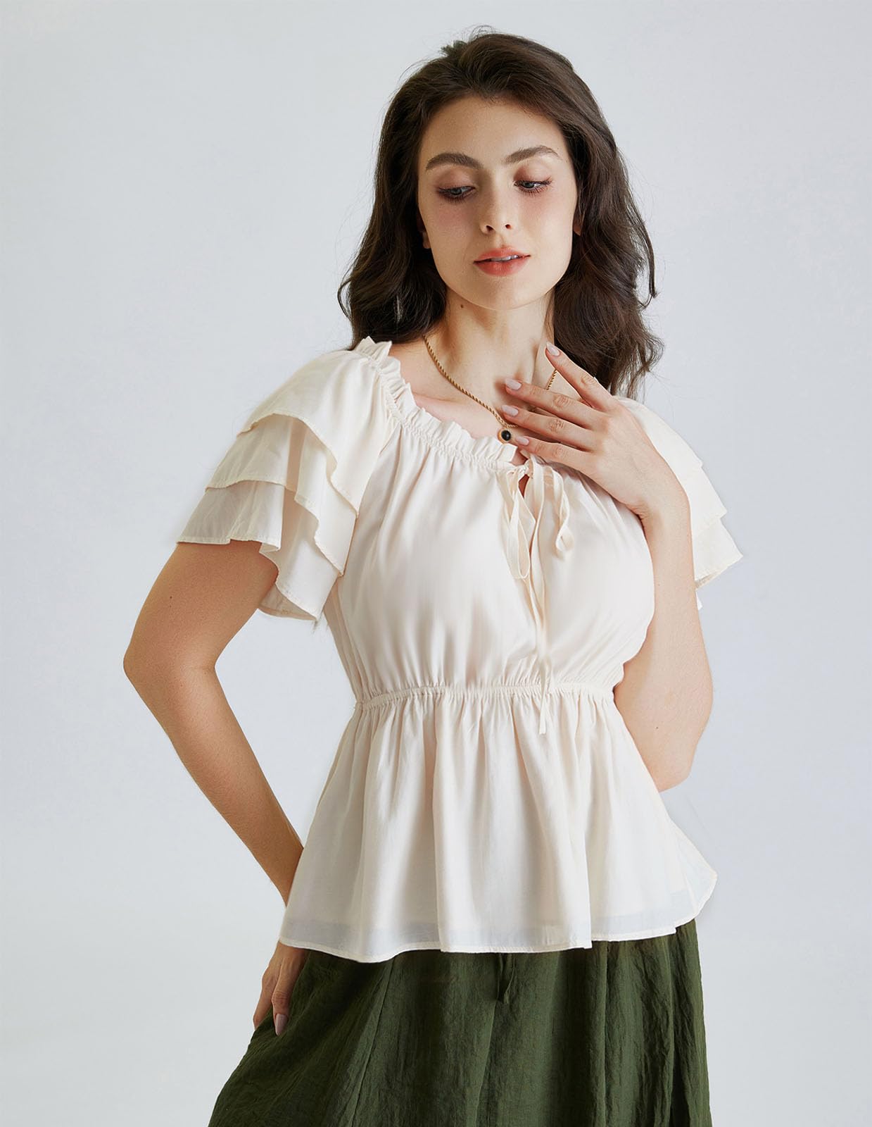 Women Renaissance Pirate Peasant Ruffled Shirt Blouse Holiday Tops Apricot M