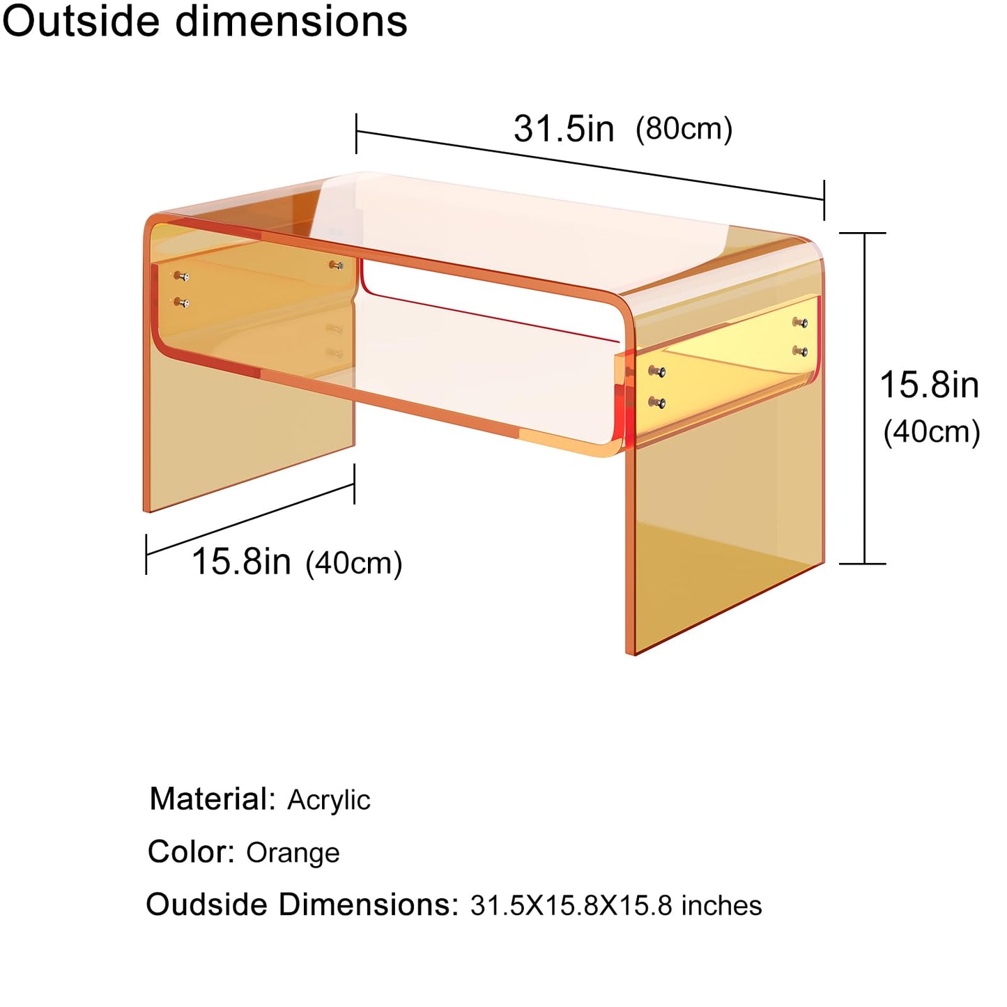 XOHYW Acrylic Coffee Table, Orange Rectangle Acrylic Side Table Furniture, Modern Tea Table with Open Storage, Acrylic End Table for Living Room, Office Reception and Bedroom