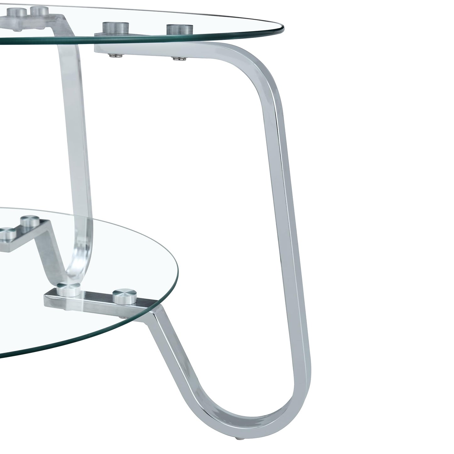 31.5" Silver Round Glass Coffee Table Modern Living Room Table 2-Layer Sofa Center Cocktail Table for Small Space Apartment, Clear Top and Retro Metal Frame (Chrome)