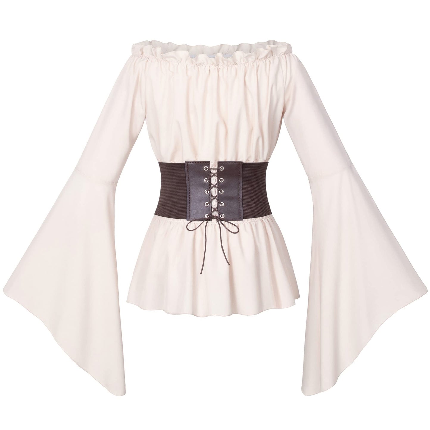 Womens Renaissance Victorian Peasant Ruffle Smocked Waist Boho Pirate Shirt Blouse with Belt Set(Beige L)
