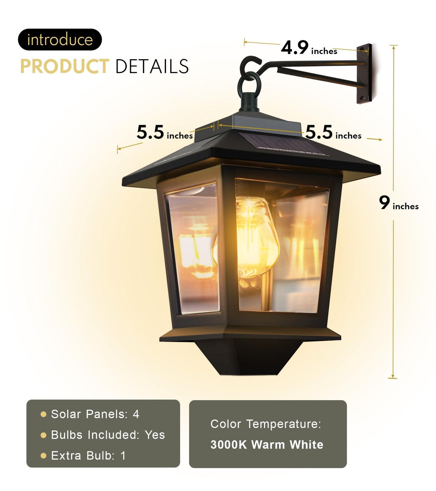 2 Pack Solar Wall Lanterns with Replaceable Bulb, Outdoor Hanging Solar Lights with 4 Solar Panels, Dusk to Dawn Led Outdoor Wall Sconce, Anti-Rust Waterproof Wall Lanterns with Hooks