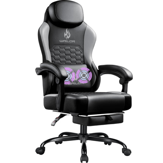 WAILOR Gaming Chair with Massage and Packet Spring Cushion,Ergonomic Gamer Chairs for Adults with Footrest 300lbs,High Back Gamer Leather Chair with Headrest and Lumbar Support
