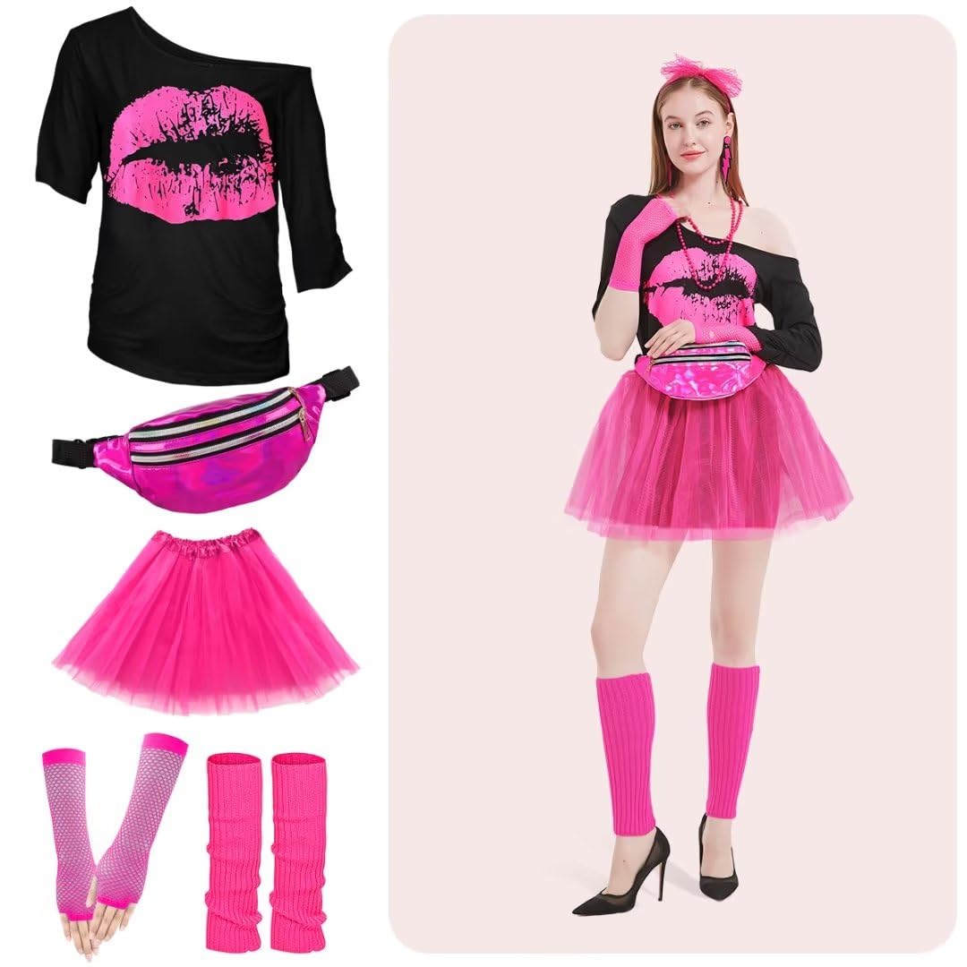 WILDPARTY Costume Accessories, T-Shirt Tutu Fanny Pack Headband Earring Necklace Fishnet Gloves Legwarmers 80s Party Halloween Outfit for Women 24PCS (Pink M)