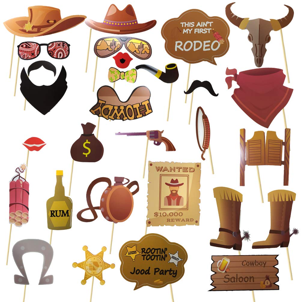 Western Cowboy Photo Booth Props Bandana Wild West Party Accessory Funny Barnyard Theme Selfie Props Western Cowboy Party Decoration for Kids Boys Girls Baby Shower,1st Birthday Party Supplies 30pcs