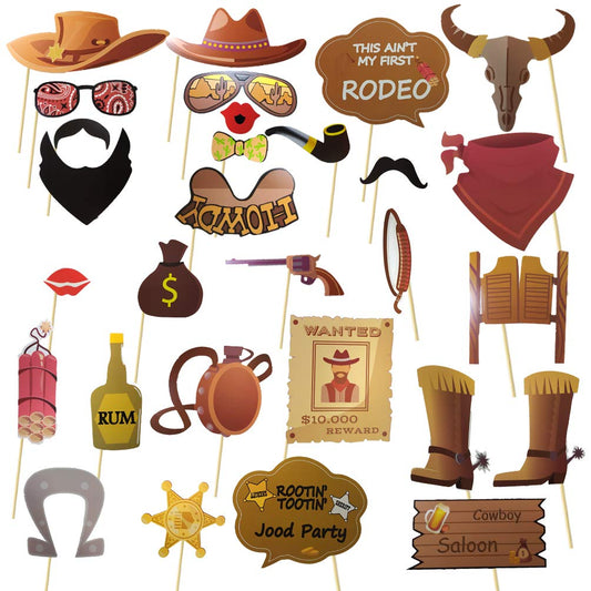 Western Cowboy Photo Booth Props Bandana Wild West Party Accessory Funny Barnyard Theme Selfie Props Western Cowboy Party Decoration for Kids Boys Girls Baby Shower,1st Birthday Party Supplies 30pcs