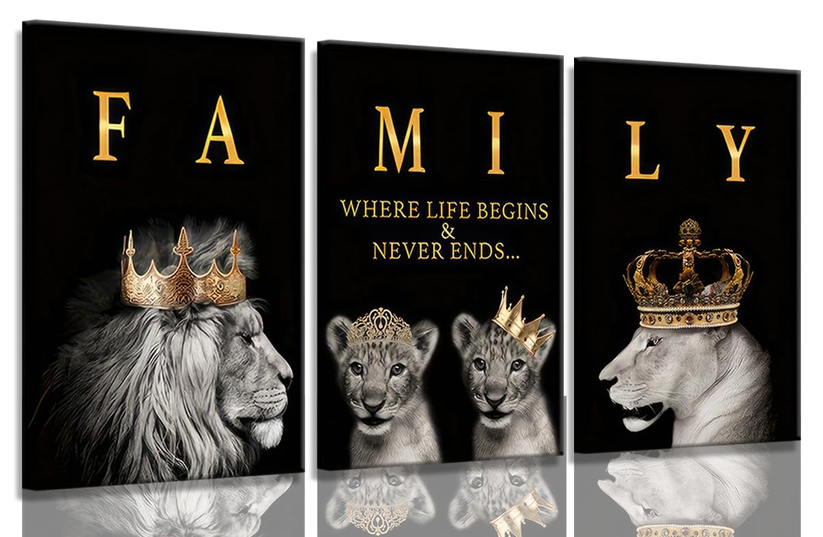 3Pcs Framed Lion Family Canvas Wall Art The Lion King and Queen with Gold Crown Poster Modern Motivational Black and White Animal Wall Decor Painting for Home Bedroom Living Room Office decoration