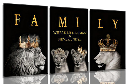 3Pcs Framed Lion Family Canvas Wall Art The Lion King and Queen with Gold Crown Poster Modern Motivational Black and White Animal Wall Decor Painting for Home Bedroom Living Room Office decoration
