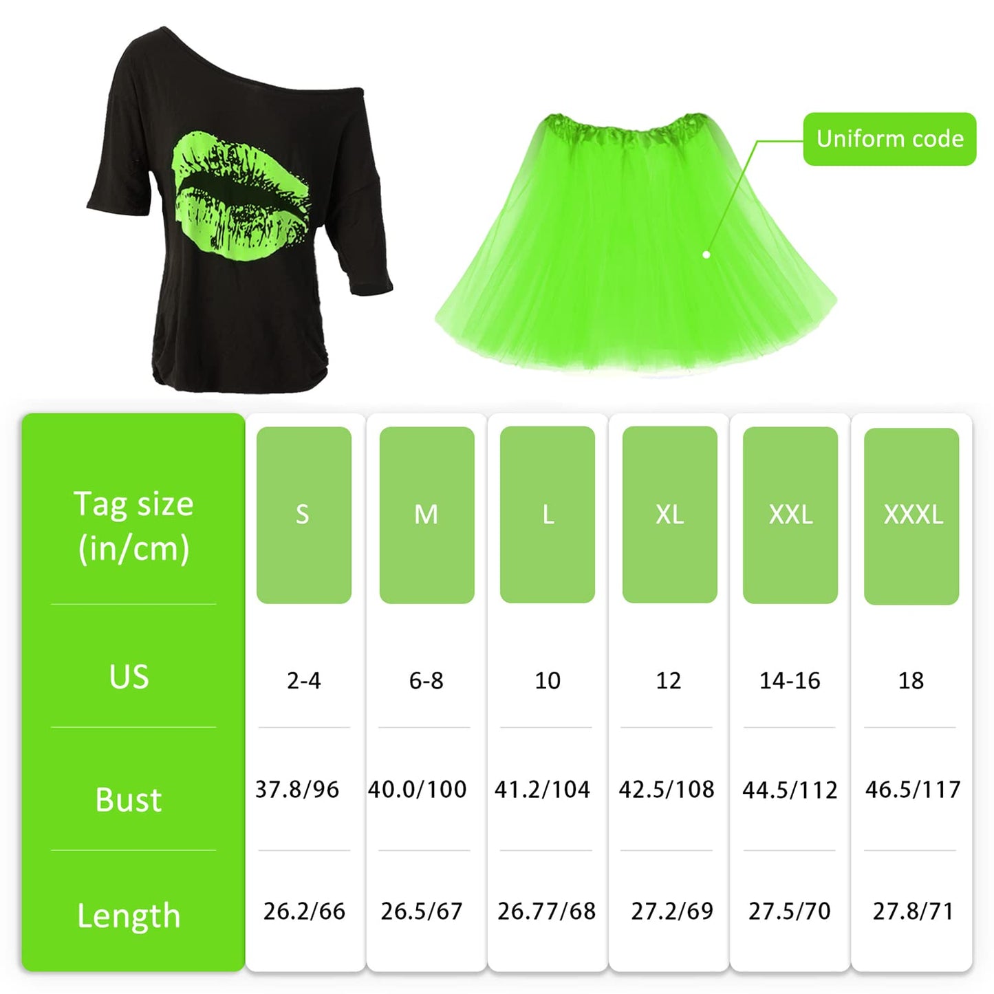 Women's 80s Costume Accessories Set，Lips Print Off Shoulder Tops Headband Leg Warmers Fishnet Gloves Printed Leggings (E-Green-tutu skirt, M)
