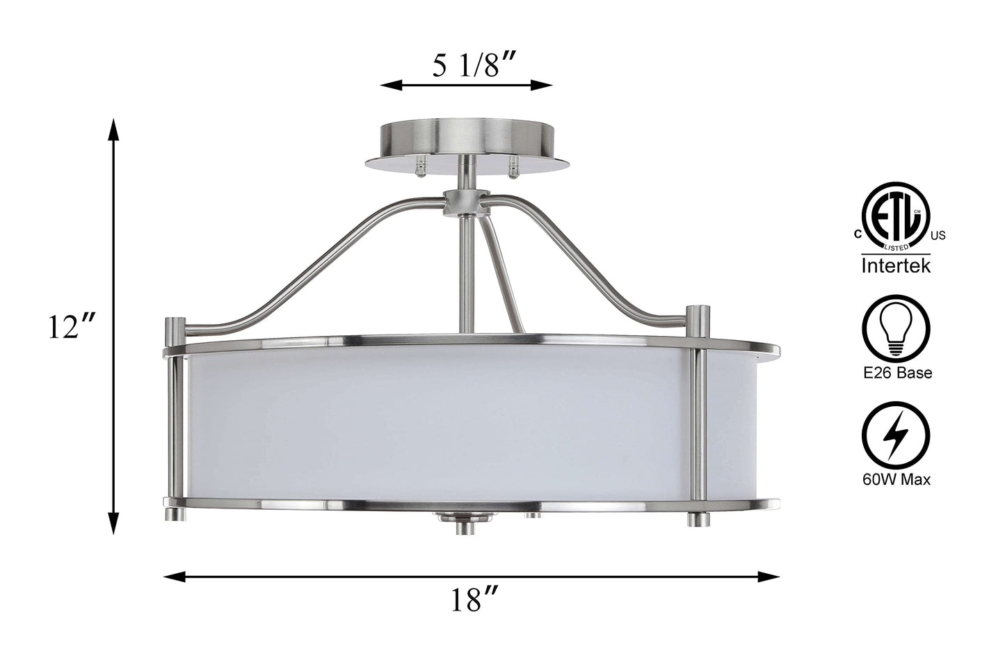 XiNBEi Lighting Semi Flush Mount Ceiling Light 18 inch 3 Light Close to Ceiling Light with Fabric Shade and Glass Diffuser, Brushed Nickel Drum Semi Flush Light for Dinning & Bedroom XB-SF1199-BN
