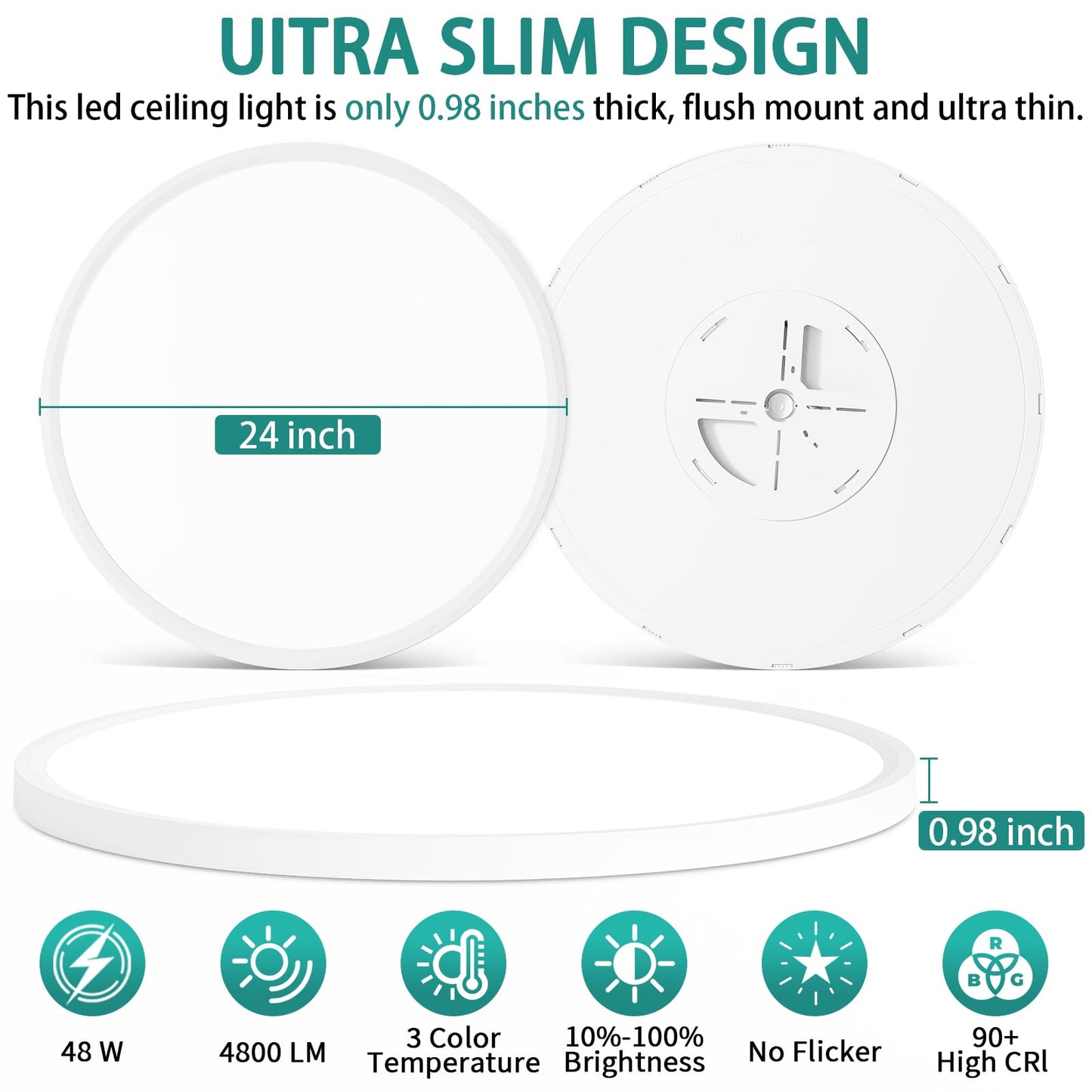 24 Inch Dimmable LED Ceiling Light Fixture, Ultra Thin Flush Mount, 48W 4800Lumen, 3 Color Changeable, Round, White, for Dining Room, Living Room, Bedroom, Office, Hotel