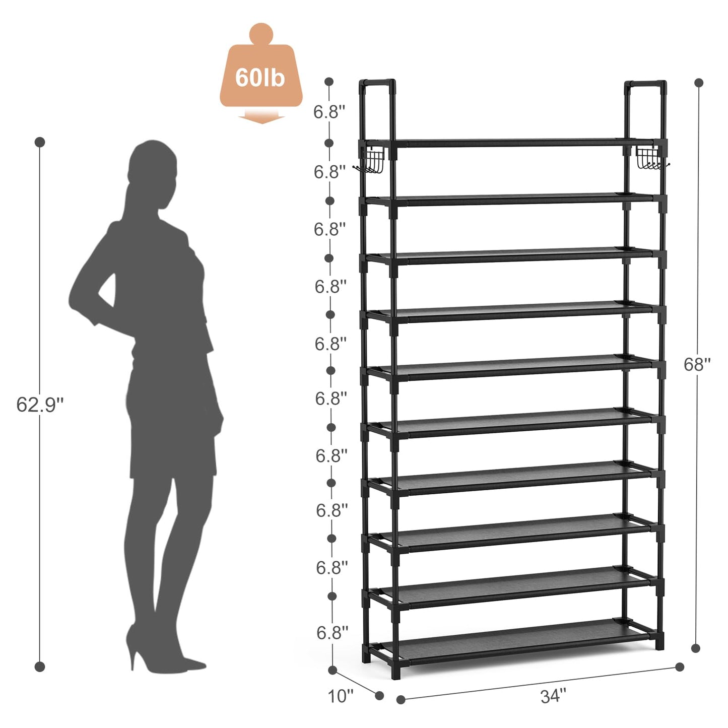 VTRIN 10-Tier Shoe Rack - Large Capacity 50 Pair Organizer with Two Hooks - Sturdy Metal Shoe Shelf for Entryway, Closet, Bedroom