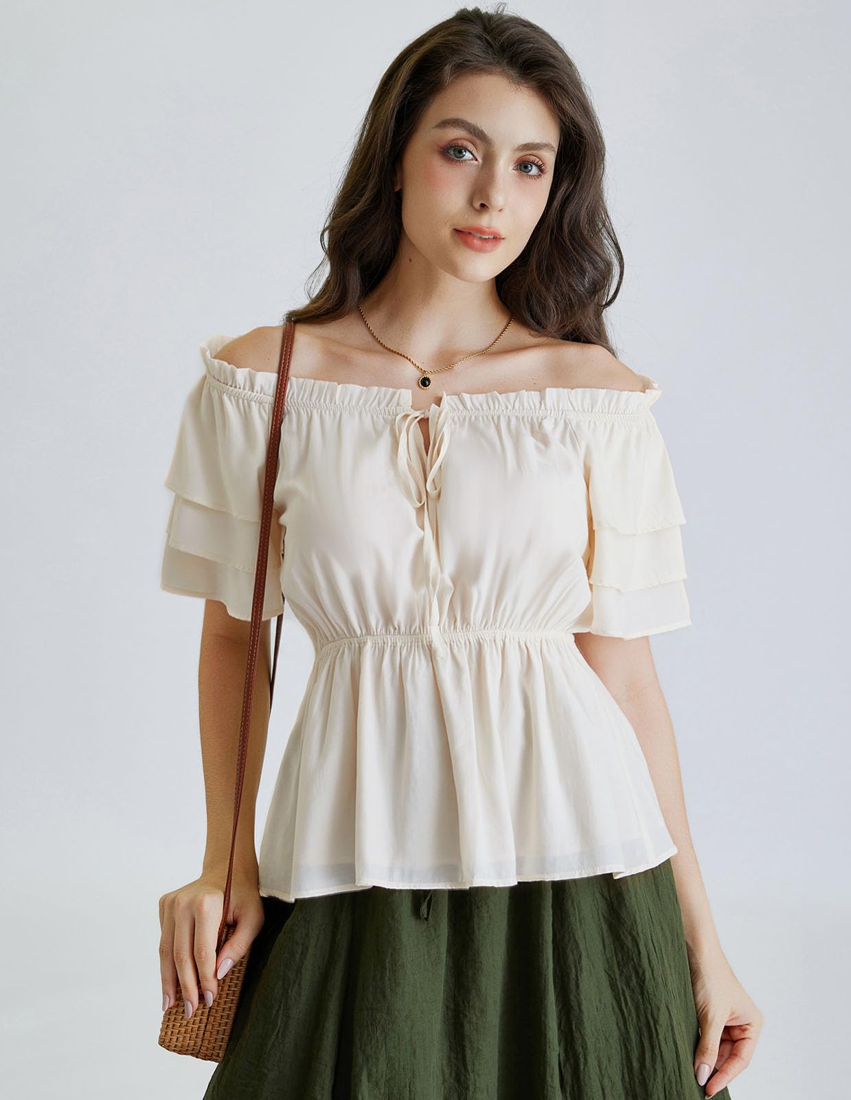 Women Renaissance Pirate Peasant Ruffled Shirt Blouse Holiday Tops Apricot M