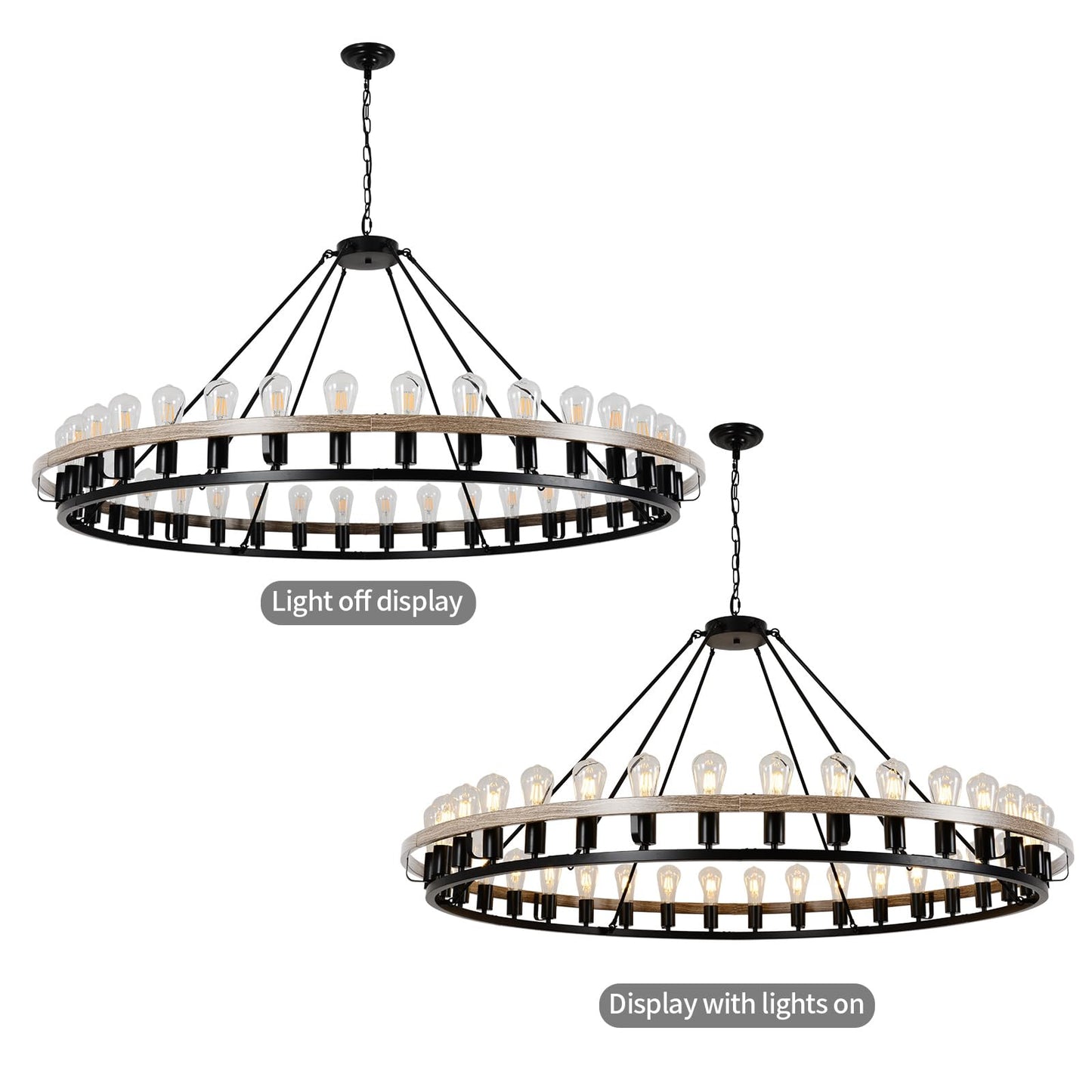 Wagon Wheel Chandelier 60-Inch 36-Light, Black and Oak Wood Tone Finish Round Rustic Farmhouse Chandelier Extra Large for High Ceilings, Living Room Foyer