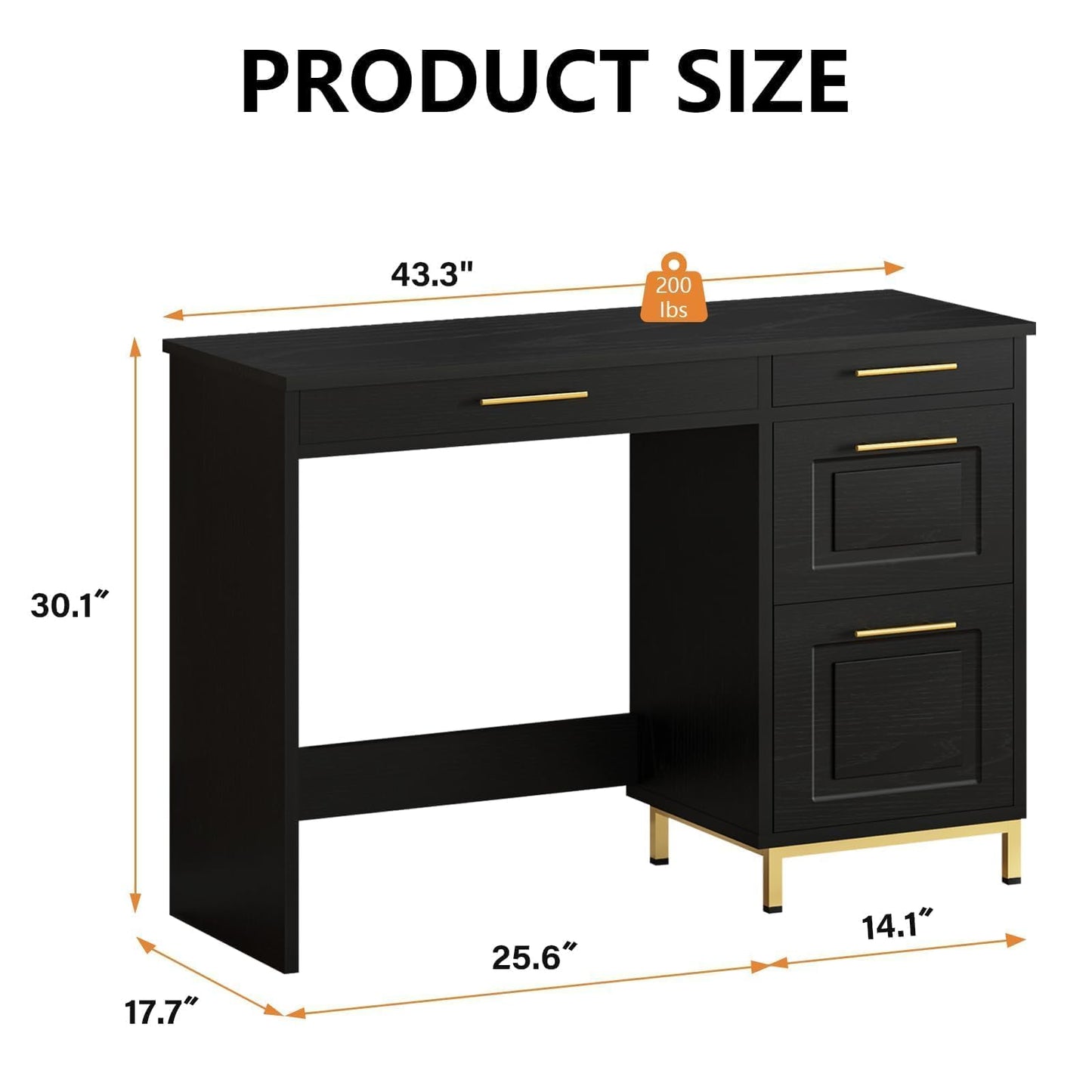4 EVER WINNER Black Desk with Drawers, Modern Home Office Desks with Golden Handles and Drawers, Computer Table for Small Spaces, Black and Gold Desk