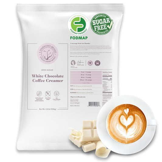 5 SPARROWS Sugar-Free White Chocolate Flavored Drink Mix- Stevia, Keto Friendly, Low FODMAP - No Sugar Coffee Creamer, 40 oz (2.5lb)