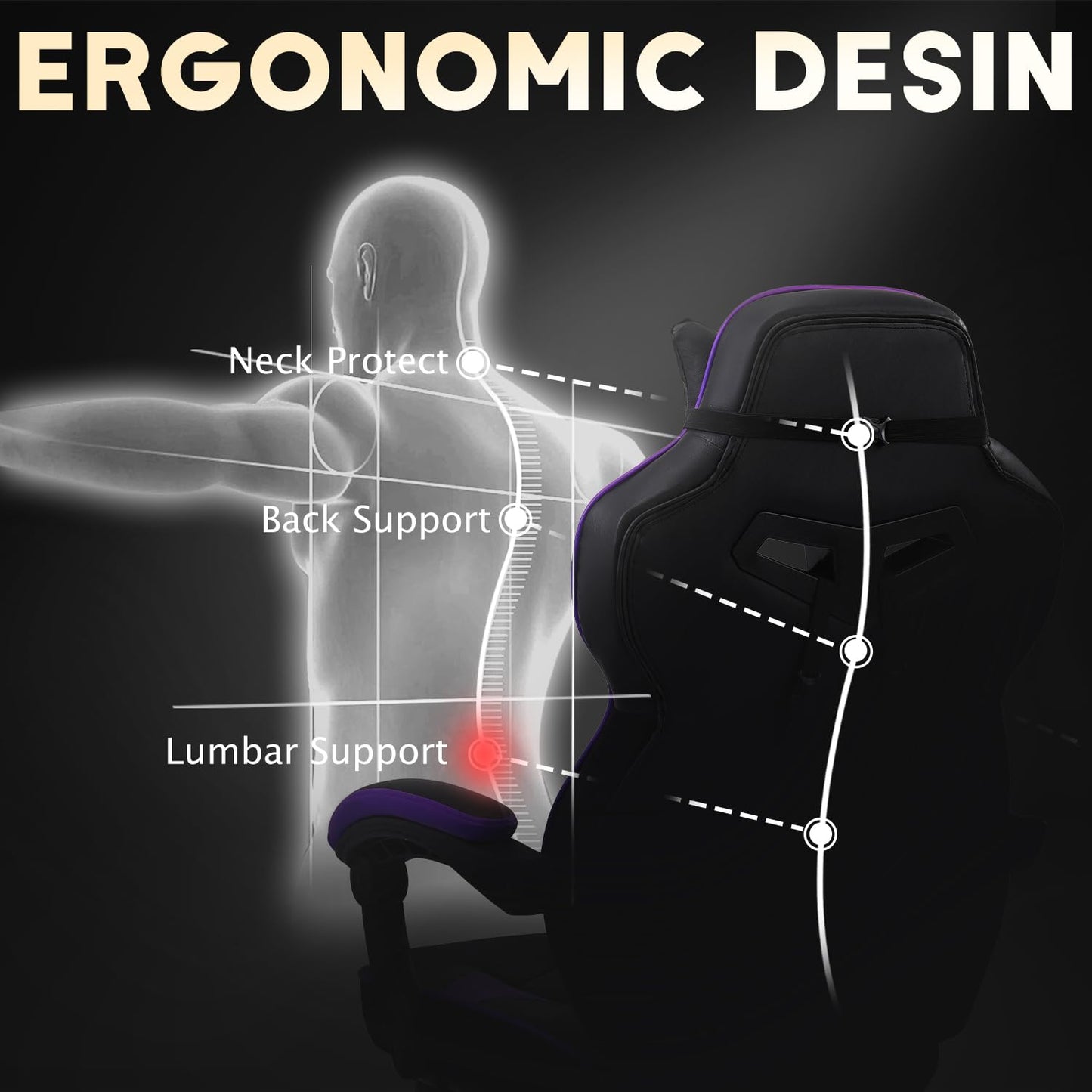 Vonesse Gaming Chair,Computer Chair with Footrest and Massage,Reclining Gaming Chairs for Adults,Big and Tall High Back Gamer Chair (Purple/Black)