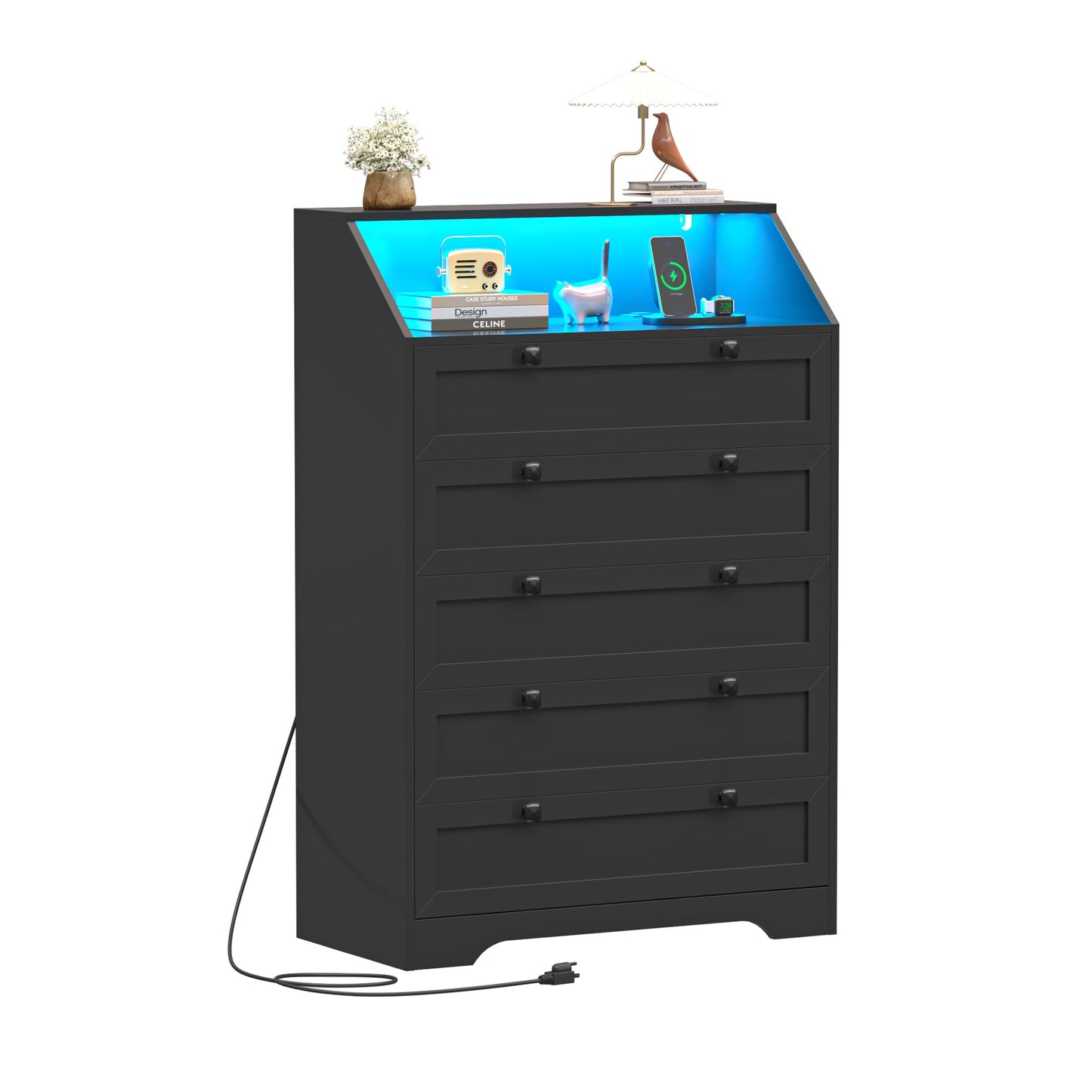 Wodeer Black Dresser Tall 5 Drawer Dresser for Bedroom, Wood Chest of Drawers with LED Lights, Charging Station, Metal Handles, Modern Storage Cabinet and Organizer Drawers for Living Room, Hallway