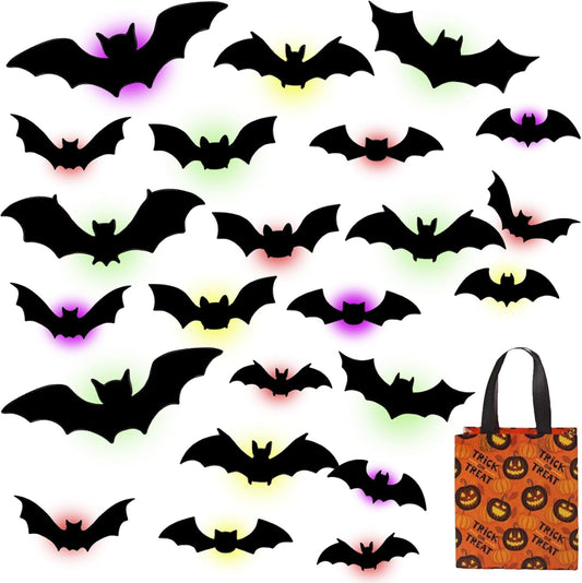 3D Bat Design Led Decoration, Halloween Bats Wall Decor, Hanging Bats Halloween Decor, Light-Up Wall/Window Clings–Flashing 3D Lighted Bat Sticky for Halloweens Indoor & Outdoor (24PCS-LED)
