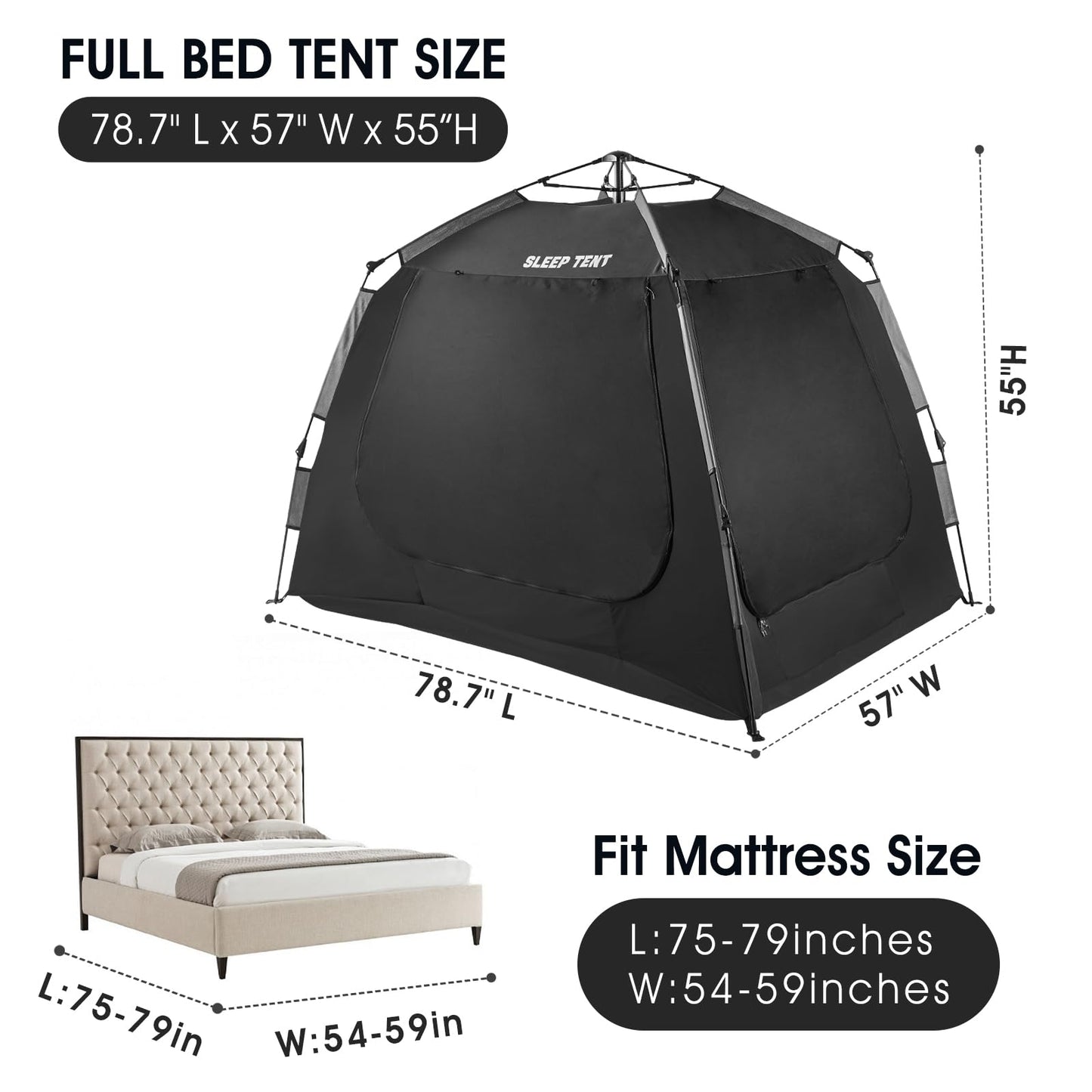 YAVIL Portable Bed Tent Bed Canopy Full Size,ONE-Click Sleeping Tent Breathable Indoor Tent Privacy Large Space with 3 Doors for Kids and Adult